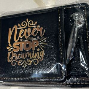 Never Stop Dreaming Black and Gold Inspirational Notepad and Pen Holder